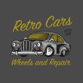 Muscle car for T-shirt, Vintage transport. Classic Retro old school auto service. Poster or Banner. Engraved hand drawn Royalty Free Stock Photo