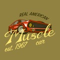 Muscle car for T-shirt, Vintage transport. Classic Retro old school auto service. Poster or Banner. Engraved hand drawn Royalty Free Stock Photo