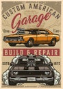 Muscle cars custom garage colorful poster Royalty Free Stock Photo