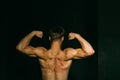 Muscle concept. Bodybuilder with strong muscle torso back. Muscle man flex biceps and triceps. Muscle building exercise Royalty Free Stock Photo