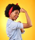 Muscle, flex and smile with portrait of black woman in studio for power, motivation and energy. Empowerment, pride and