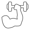 Muscle hand with weights line and solid icon. Sport muscular arm holding dumbbell symbol, outline style pictogram on Royalty Free Stock Photo