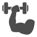 Muscle hand with weights line and solid icon. Sport muscular arm holding dumbbell symbol, outline style pictogram on Royalty Free Stock Photo