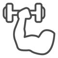 Muscle hand with weights line and solid icon. Sport muscular arm holding dumbbell symbol, outline style pictogram on Royalty Free Stock Photo