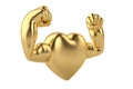 Muscle hands on gold heart 3D illustration