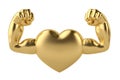 Muscle hands on gold heart 3D illustration