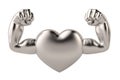 Muscle hands on steel heart 3D illustration