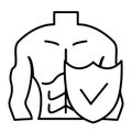 Muscle man and shield thin line icon. Male body protection vector illustration isolated on white. Guy figure and shield Royalty Free Stock Photo