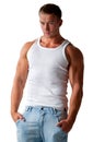 Muscle young man posing in white vest