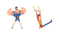 Muscled Man and Acrobat Hanging on Aerial Bar as Traveling Chapiteau Circus Vector Set Royalty Free Stock Photo