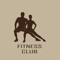 Muscled man and woman black silhouettes isolated on white background. Fitness symbol or label. Vector illustration Royalty Free Stock Photo