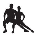 Muscled man and woman black silhouettes isolated on white background. Fitness symbol or label. Vector illustration Royalty Free Stock Photo