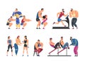 Muscled Man and Woman Sportsman Training in Gym Doing Physical Workout with Their Personal Trainer Vector Set