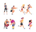 Muscled Man and Woman Sportsman Training in Gym Doing Physical Workout with Their Personal Trainer Vector Set Royalty Free Stock Photo