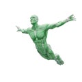 Muscleman anatomy heroic body doing a free jump in white background