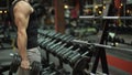 Muscleman lifting heavy dumbbells alternatively in the gym, bodybuilding