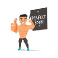 Muscleman showing thumb up with `Perfect Body` speech bubble. character design Royalty Free Stock Photo