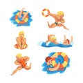 Muscluar Blond Man Beach Lifeguard with Lifebuoy Ensuring Safety Vector Set