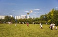 Muscovites fly kites in Tsaritsyno Park on a summer day, Moscow,