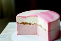 Muscovy cake Strawberry with cream and Stroiteley . Mousse. The cake cut. Royalty Free Stock Photo