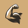 Muscular arm with clenched fist. Bodybuilding, gym symbol