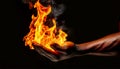 Muscular Arm and Hand Holding a Fire Flames on a Black Background - Generative Ai