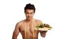 Muscular Asian man diet with clean food and measuring tape Royalty Free Stock Photo