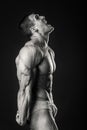 Muscular athlete demonstrates his muscles under load on a dark background