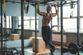Muscular athlete man making Pull-up in gym. Bodybuilder training in fitness club showing his perfect back and shoulder Royalty Free Stock Photo