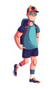 Muscular athlete running with backpack