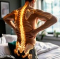 The muscular back of a man is highlighted with a glowing spine graphic, indicating back pain. The combination of Royalty Free Stock Photo