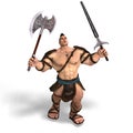 Muscular Barbarian Fight with Sword and Axe Royalty Free Stock Photo