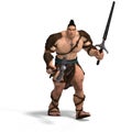 Muscular Barbarian Fight with Sword and Axe Royalty Free Stock Photo