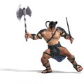 Muscular Barbarian Fight with Sword and Axe Royalty Free Stock Photo