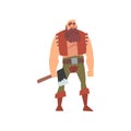 Muscular Barbarian Warrior with Axe, Medieval Historical Cartoon Character in Traditional Costume Vector Illustration
