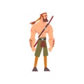 Muscular Barbarian Warrior with Sword, Medieval Historical Cartoon Character in Traditional Costume Vector Illustration