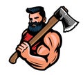 Muscular bearded lumberjack with big ax in hand. Warrior or viking with battle axe emblem. Mascot vector illustration