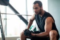 Muscular Black Young Man Exercising With Dumbbell In Modern Gym Royalty Free Stock Photo