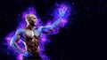 Muscular body builder flexing his muscles with energy lights on hands concept