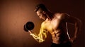 Muscular body builder lifting weight with energy lights on bicep