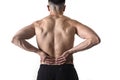 Muscular body sport man holding sore low back waist massaging with his hand suffering pain Royalty Free Stock Photo