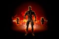 Muscular bodybuilder with barbell. Fire explode concept. 3d illu Royalty Free Stock Photo