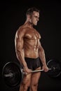 Muscular bodybuilder guy doing exercises with big dumbbell dumbbell Royalty Free Stock Photo