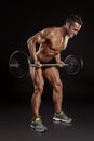 Muscular bodybuilder guy doing exercises with big dumbbell Royalty Free Stock Photo