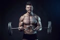 Muscular bodybuilder guy doing exercises with big dumbbell Royalty Free Stock Photo