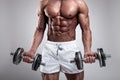 Muscular bodybuilder guy doing exercises with dumbbell Royalty Free Stock Photo