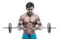 Muscular bodybuilder guy doing exercises with dumbbells