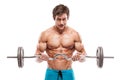 Muscular bodybuilder guy doing exercises with dumbbells