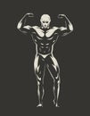 Muscular bodybuilder with hands up demonstrating strength. Gym, bodybuilding, sports concept. Vector illustration