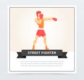 Muscular boxer in gloves and helmet, street fighter banner cartoon vector element for website or mobile app